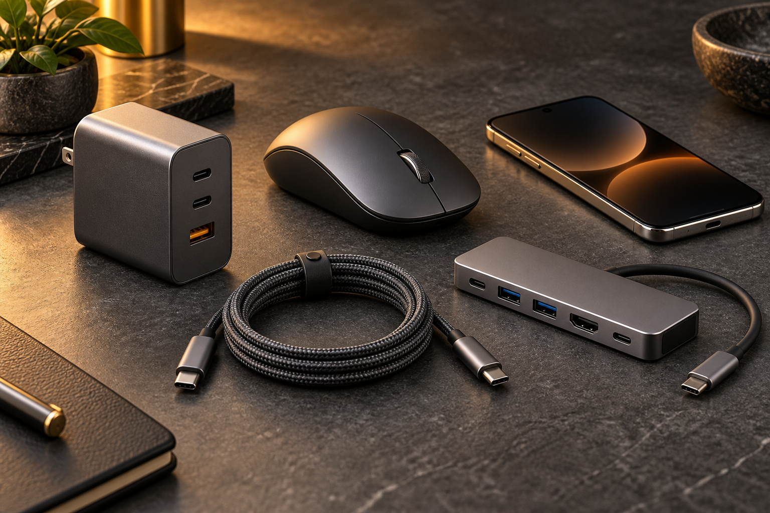 USB-C charger, wireless mouse, braided cable, smartphone, and USB hub