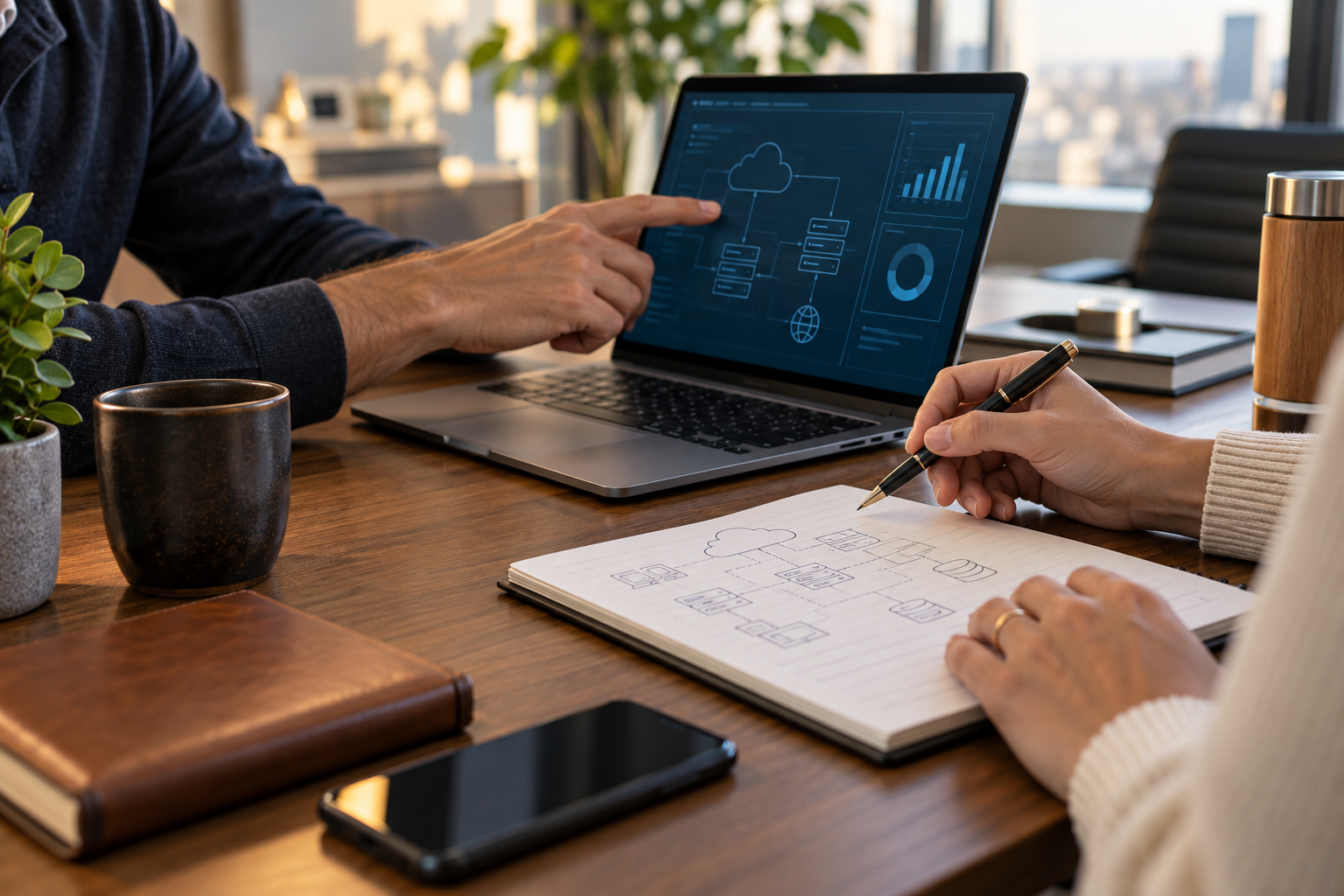 IT planning discussion with a laptop and technical diagrams
