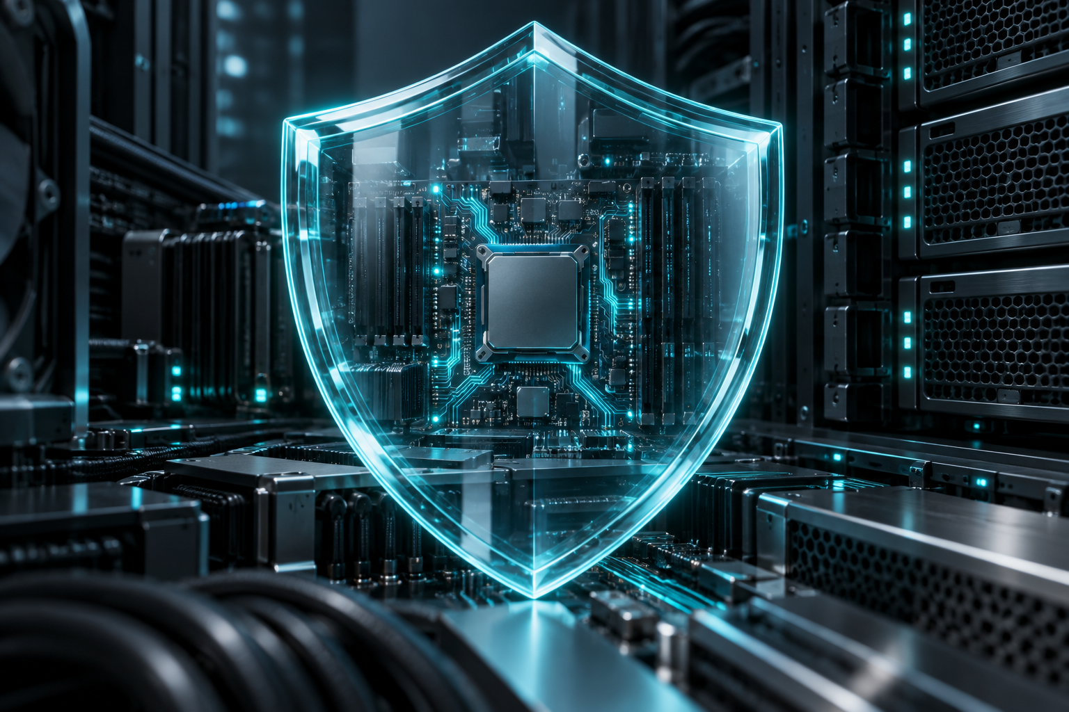 Glowing glass shield protecting electronic infrastructure