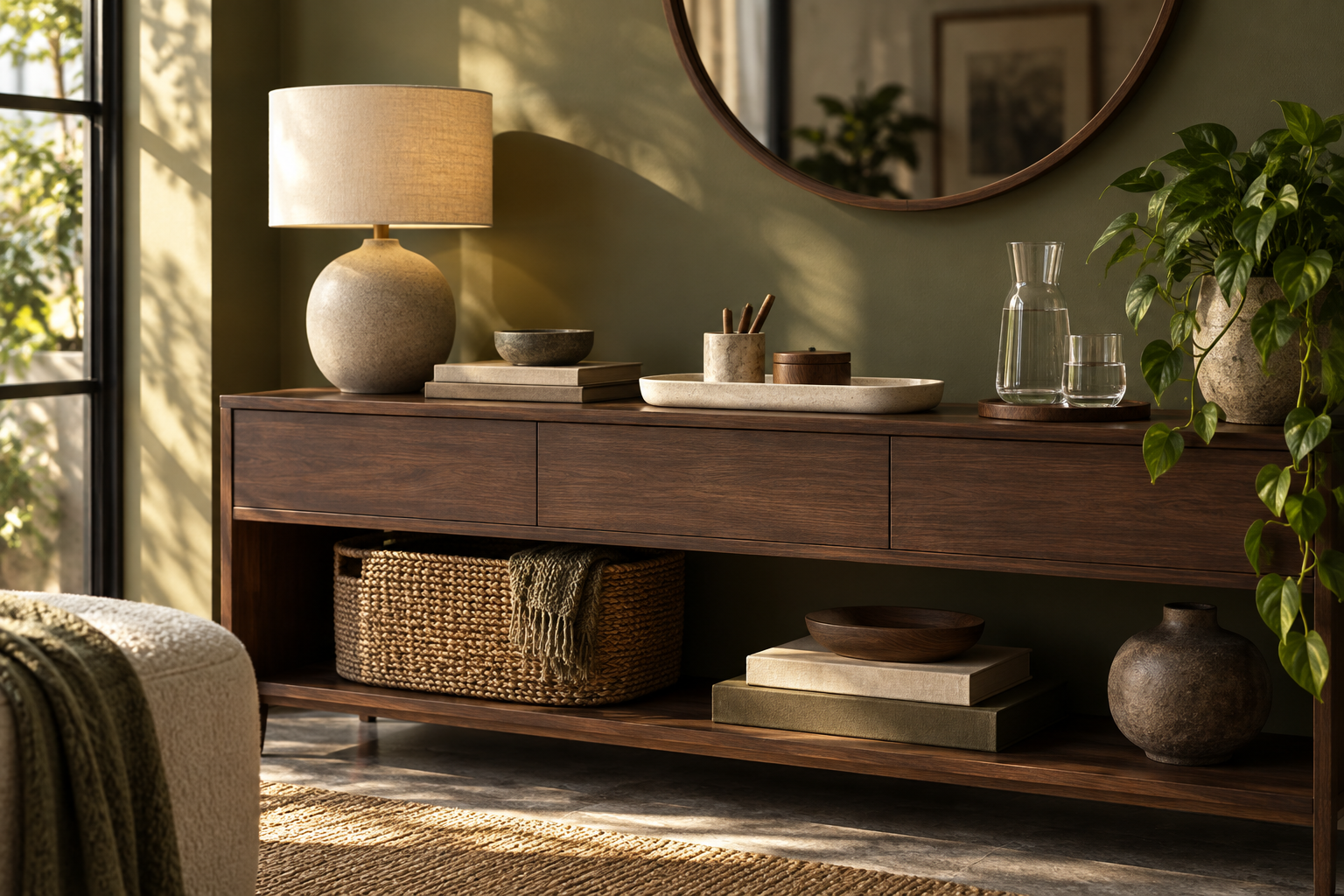 Warm home interior with storage basket, lamp, and ceramic organizers