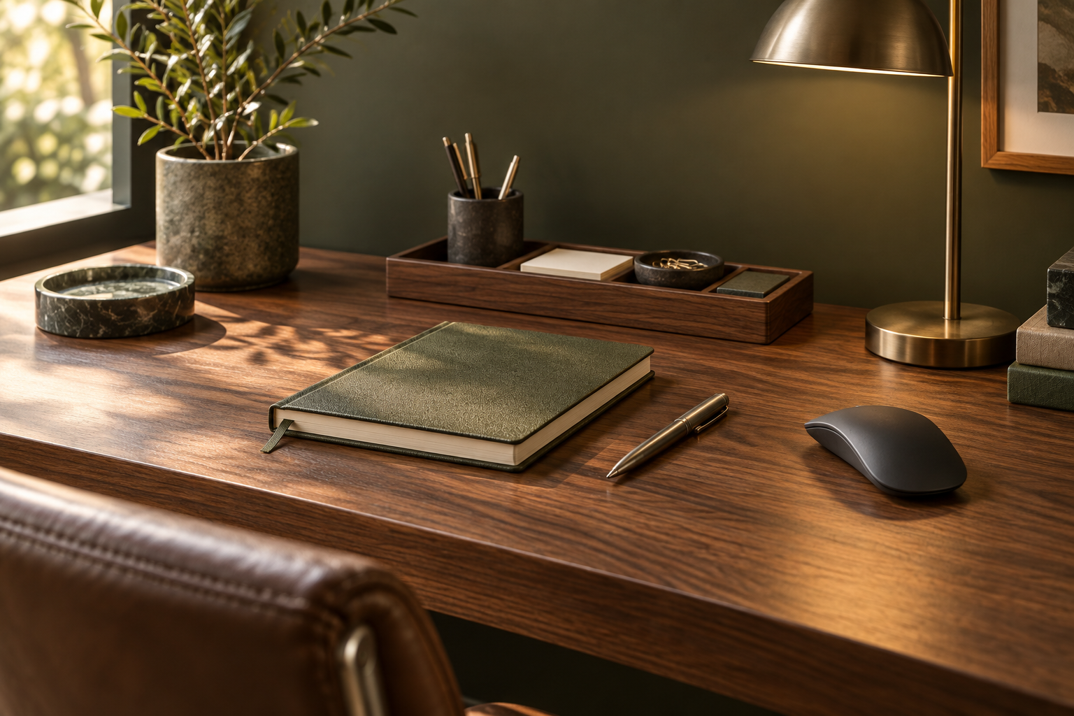 Organized walnut workspace with desk accessories