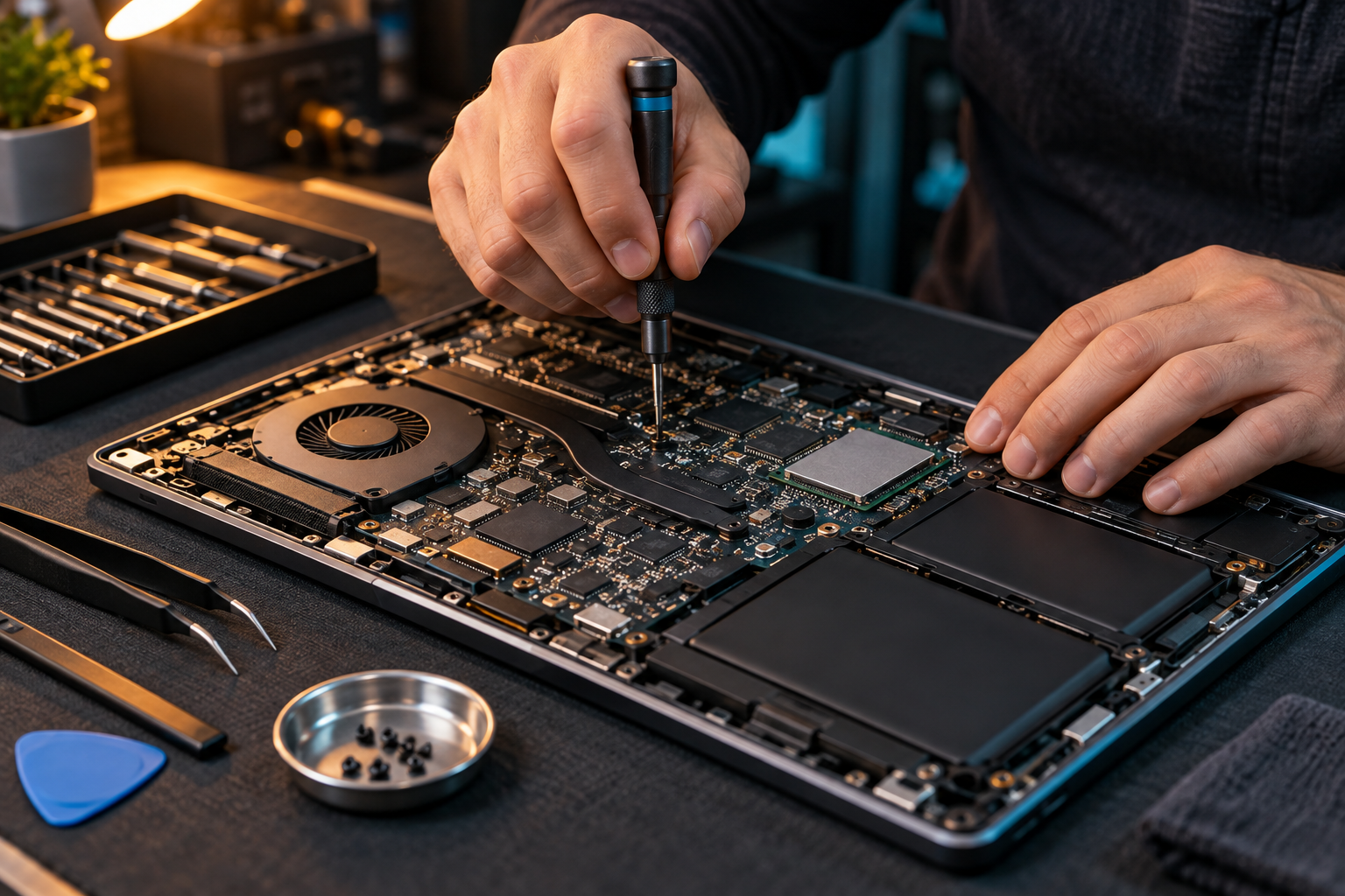 Technician repairing the internal components of a laptop