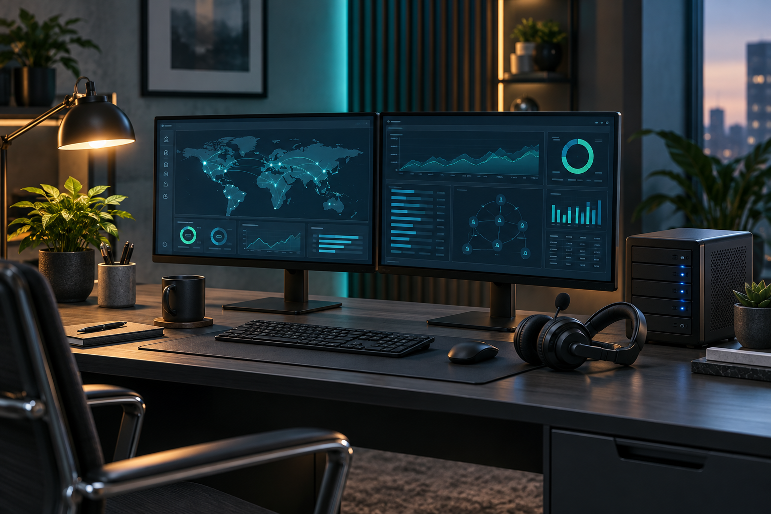 IT support workstation with headset and monitoring screens