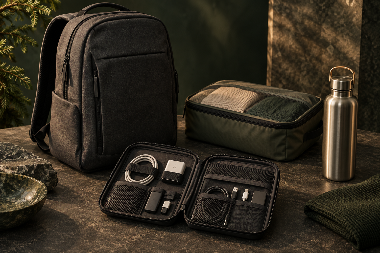 Backpack, travel bottle, packing cube, and technology organizer